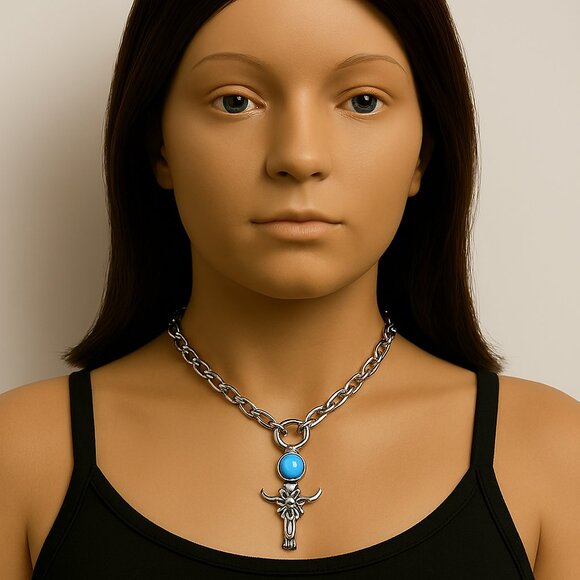 Calvin Klein Silver Bull Skull Pendant Necklace Turquoise Stone – Boho Jewelry - Picture 1 of 10